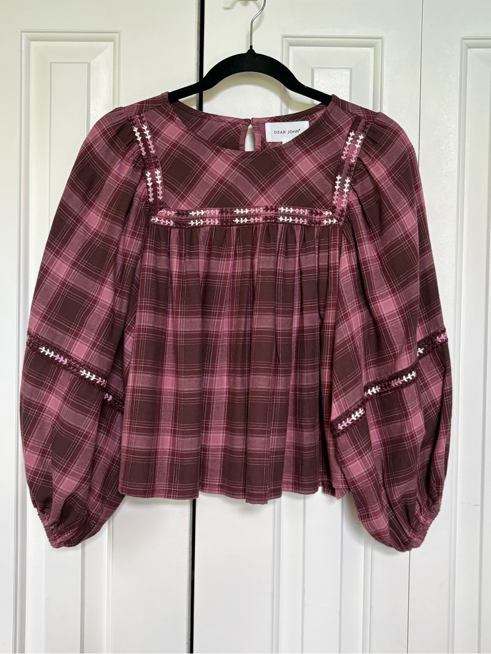 Dear John Fernande Plaid Puff Sleeve Babydoll Top NWT Pink Maroon S